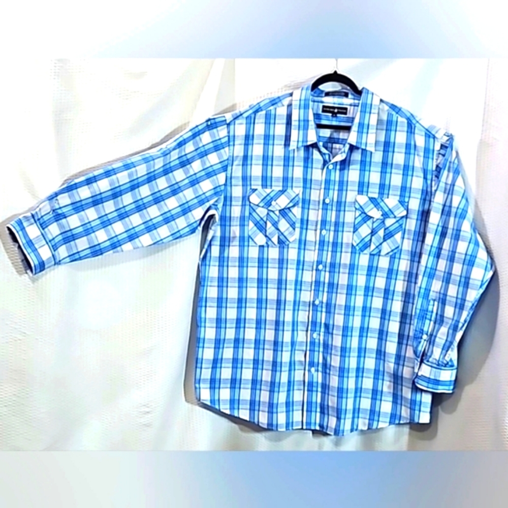 Beverly Hills Polo Club Men's Blue Plaid Roll Tab Cuffed Sleeves Shirt Size 4X